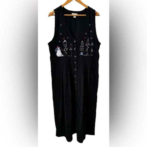 Y2K blk velvet midi jumper w holiday embroidery SZ L eclectic grandma - Picture 1 of 8
